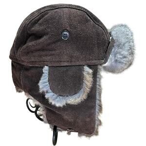 Crown Cap Paul Leinburd Brown Suede Leather Rabbit Fur Trim Hat Size Medium